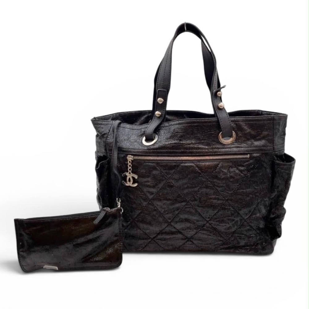 Chanel Paris Biarritz Matelasse Leather Black Tote Bag W/Pouch